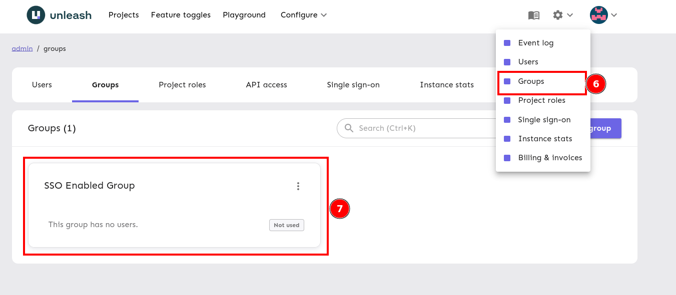 The Unleash Admin UI with the steps highlighted to navigate to groups and a highlighted group card.