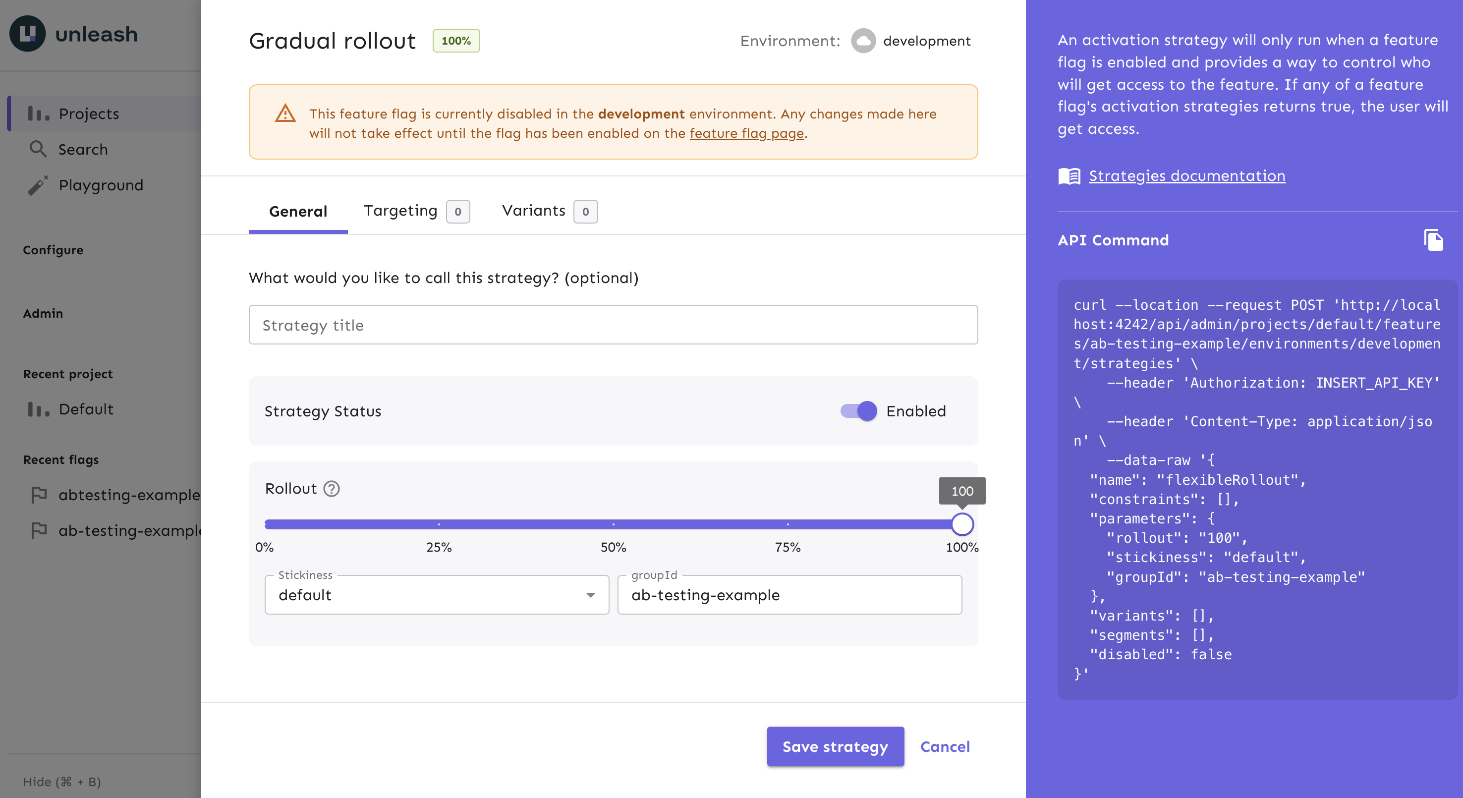 In the gradual rollout form, you can configure the parameters of your A/B tests and releases.